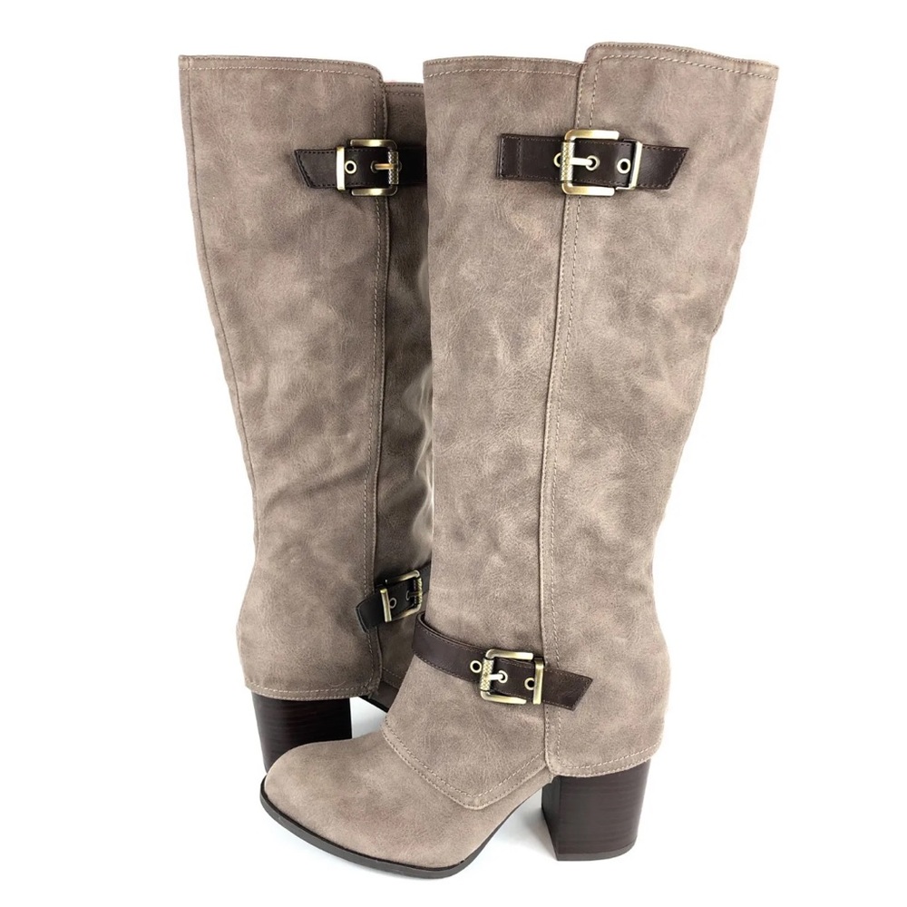 NEW Fergalicious CONNOR Womens 7 Knee High Spat Boots Beige Faux Leather Zip Up